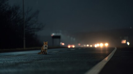 Naklejka premium A Fox Suddenly Appears on an Empty Night Highway with Headlights in the Background