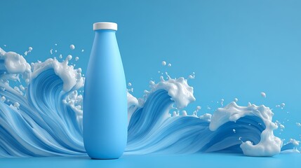 A bottle with a white cap standing in liquid, splashing.