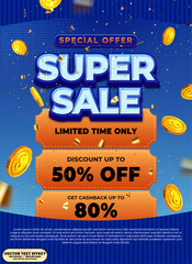 Special offer super sale discount up to 50% off 3d editable bold vector text effect template. Editable 3d typography for coupon, deal announcement, e-commerce and marketing design.
