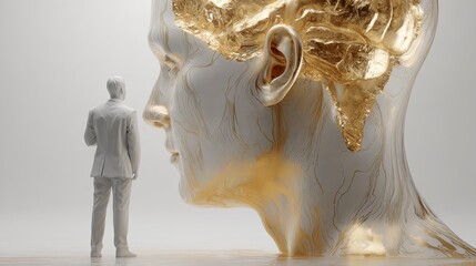 A stylized human skull in profile with beautiful, flowing gold veins or fissures on the surface.