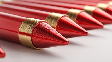 3D rendering showing a row of identical, sharply pointed, cylindrical objects.