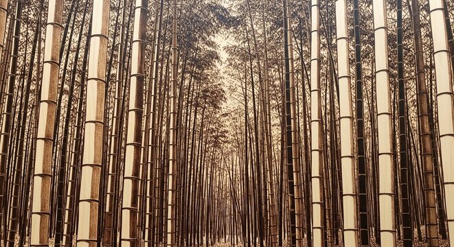 Pyrography art of dense bamboo forest trees burnt on natural light wood background texture
