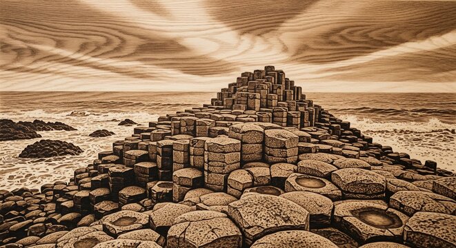Pyrography art of hexagonal basalt columns on coast with ocean waves and wood texture sky
