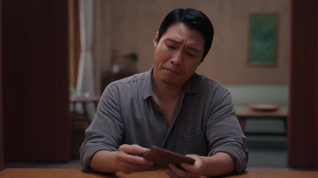 An Asian man sitting at a table with an emotional expression, gazing down. He seems lost in thought, possibly dealing with a difficult situation, and his face shows sadness.  Stock Video