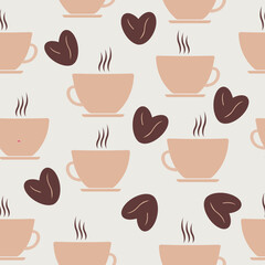  Seamless vector illustration featuring stylized coffee cups and coffee beans arranged in an attractive repeating pattern. Ideal for backgrounds, textile designs, or branding projects.