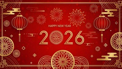 Golden 2026 chinese new year celebration with fireworks and lanterns