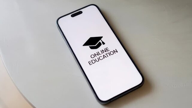 Smartphone displays online education logo on a neutral table with empty space for text and branding. Clean minimal flatlay emphasizes the device and white screen with soft lighting and shadow suitable