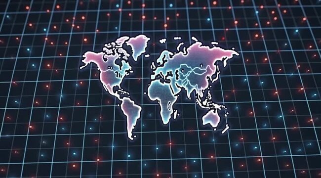 World map illustration on digital grid background with glowing accents  
