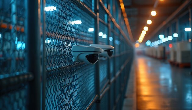 Security cameras monitor fence in industrial area. Motion sensors provide surveillance. Safety border protects facility. Surveillance system operates at night.