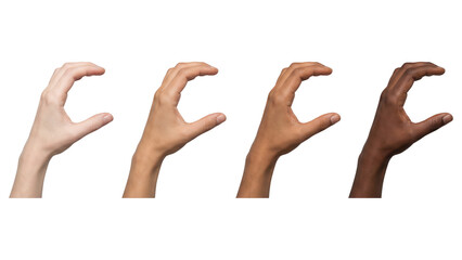 Diverse hands making C shape. Varied skin tones shaping letter isolated on white.