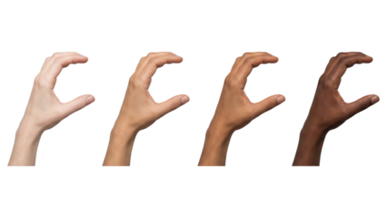 Diverse hands making C shape. Varied skin tones shaping letter isolated on white.