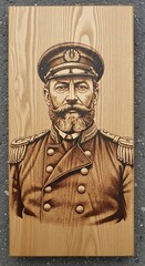 Naklejka premium Pyrography art of vintage military officer portrait with beard and hat on light wood board