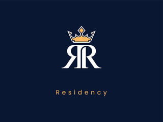royal rr letter monogram logo with gold crown, luxury real estate and hotel branding identity design