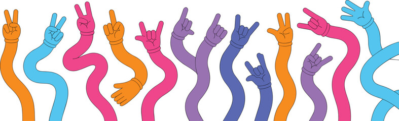 Colorful cartoon hands gestures illustration set with peace rock sign symbols, fun vector design collection