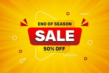 Vibrant yellow background with a bold red sale banner announcing end of season discounts and 50 percent off
