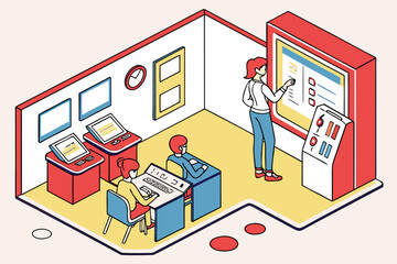 Vector illustration of a engineering classroom student learning practical classes. Office Team Meeting & Planning. 