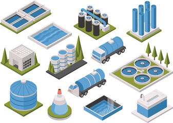Isometric water treatment plant elements set, wastewater purification storage tanks trucks industrial vector illustration