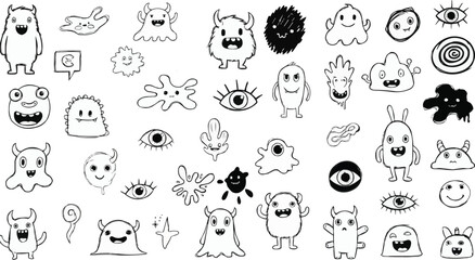 Vector Silhouette and line art of seamless pattern with funny monsters I Hand Drawn Doodle Monsters Vector | Abstract Scribble Icon Set
Cute Doodle Monster Illustration | Black & White Sketchy Icons