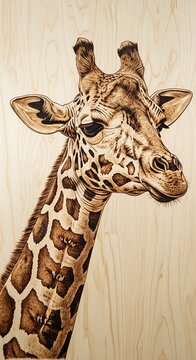 Pyrography art of giraffe head portrait with spots burnt on light natural wood texture board