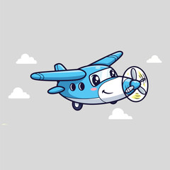 Cute Cartoon Blue Propeller Airplane Flying in the Sky