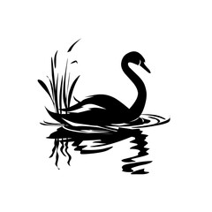 Elegant silhouette of a swan gliding gracefully on water with reeds and a wavy reflection. A tranquil, simple design symbolizing peace, nature, and wetland beauty.