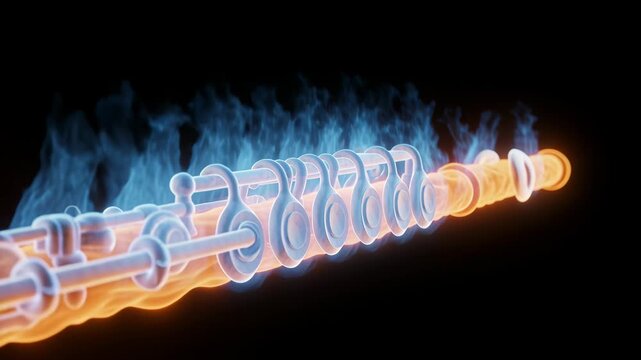 Flute glows with blue flame elements and an orange energy streak along its length on a dark background with ample empty space for text and graphic placement for commercial and editorial layouts