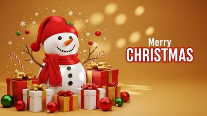 3d render of a happy snowman with gifts and merry christmas text on orange background