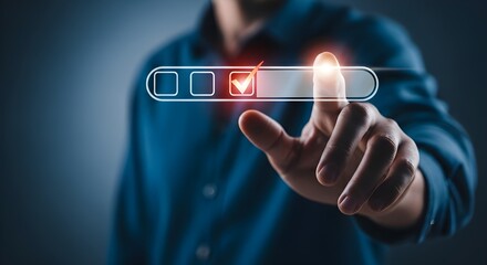 Man s hand selecting an option on a glowing digital checklist