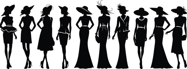 Silhouettes of women in hats and formal wear