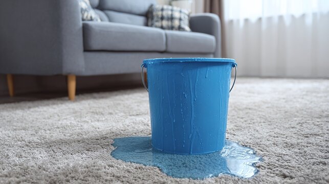 Leaky Situation: A blue bucket catches water from a ceiling leak, resting on a plush carpet in a living room setting. Indicates a potential home maintenance issue.