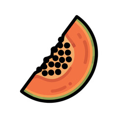 Vibrant flat design illustration of a fresh papaya slice, showcasing its bright orange flesh, numerous black seeds, and a hint of green skin. Perfect for healthy food concepts.