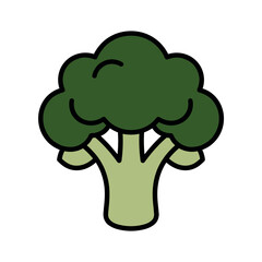 Simple cartoon illustration of a fresh green broccoli floret with a bold black outline, perfect for healthy eating, vegan, or cooking concepts.