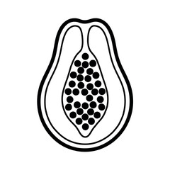Simple black and white outline illustration of a papaya cut in half, showcasing its numerous seeds. A minimalist vector icon representing tropical fruit and healthy eating.