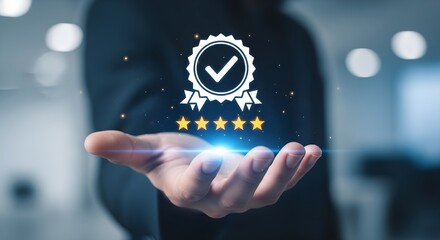 Hand presenting five star quality assurance and customer satisfaction rating