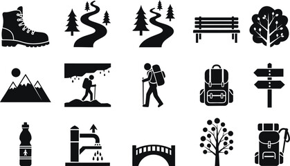 Hiking and outdoor adventure icons set