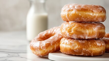 glossy glazed doughnuts stacked on marble background with soft bakery light