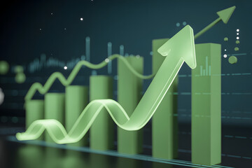 A 3d green bar chart with an upward trend and arrow indicating business growth and success