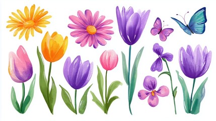cute watercolor spring flowers and butterflies children book illustration set