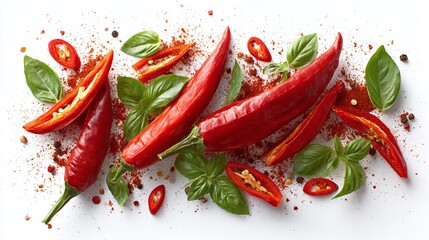 A vibrant flat lay of red chili peppers and fresh basil leaves, accented with scattered spices against a clean white backdrop. Perfect for culinary design, food photography.
