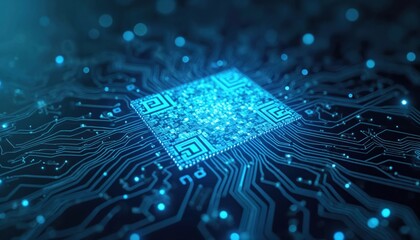 Glowing cyan QR code on circuit board background. Digital technology concept, data transfer, cyber network. Futuristic information access and connection.