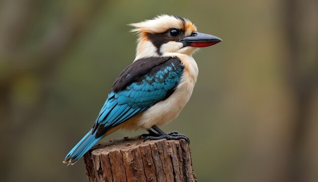 Blue winged kookaburra bird sits on wood stump. Wild australian fauna with bright blue feathers. Close up profile view of exotic animal head, beak, eye detail.