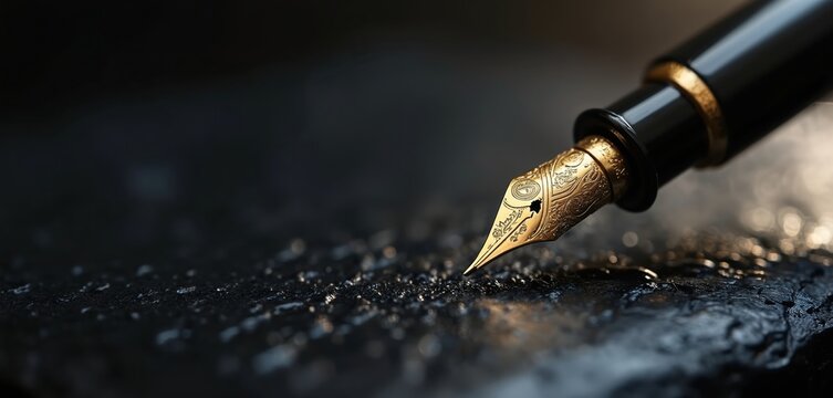 Luxury gold nib fountain pen poised to write on dark textured surface. Classic writing instrument ready for creating important documents or fine art. Elegant calligraphy tool poised for action.