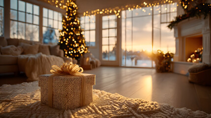 Obraz premium Holiday gift box in cozy living room with Christmas tree at sunset