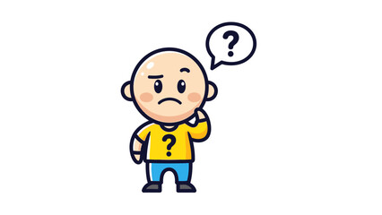 Confused Bald Cartoon Person Shrugging with Question Marks on Isolated White Background