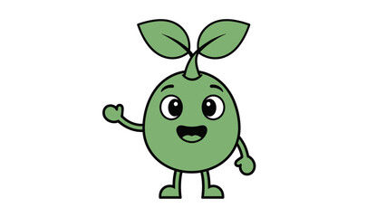 Cute Cartoon Plant Sprout Character Waving Hand and Smiling Happily, Isolated White Background.