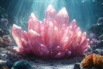 Underwater Rose Quartz Surrounded by Lively Coral Reefs
