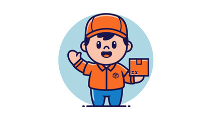 Happy Cartoon Delivery Man Waving and Holding Package on Light Blue Background
