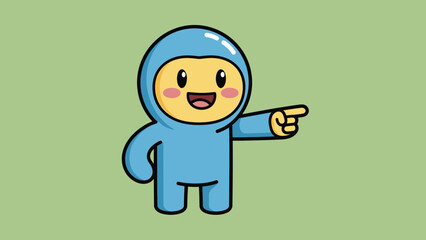 Cute Cartoon Character in Blue Suit Standing and Pointing Finger to the Right, Smiling Happily on Light Green Background.