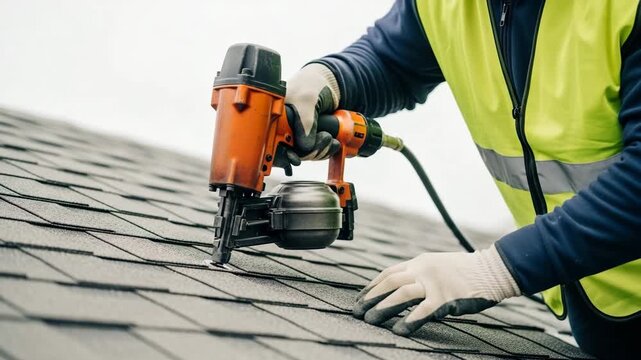 Worker installing roof shingles with nail gun