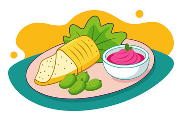 Mexican tamale platter with salsa verde sour cream garnish line art